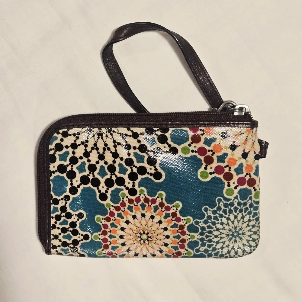 Fossil Key-Per Coated Canvas Wristlet Wallet Multicolor Geometric Floral L-Zip